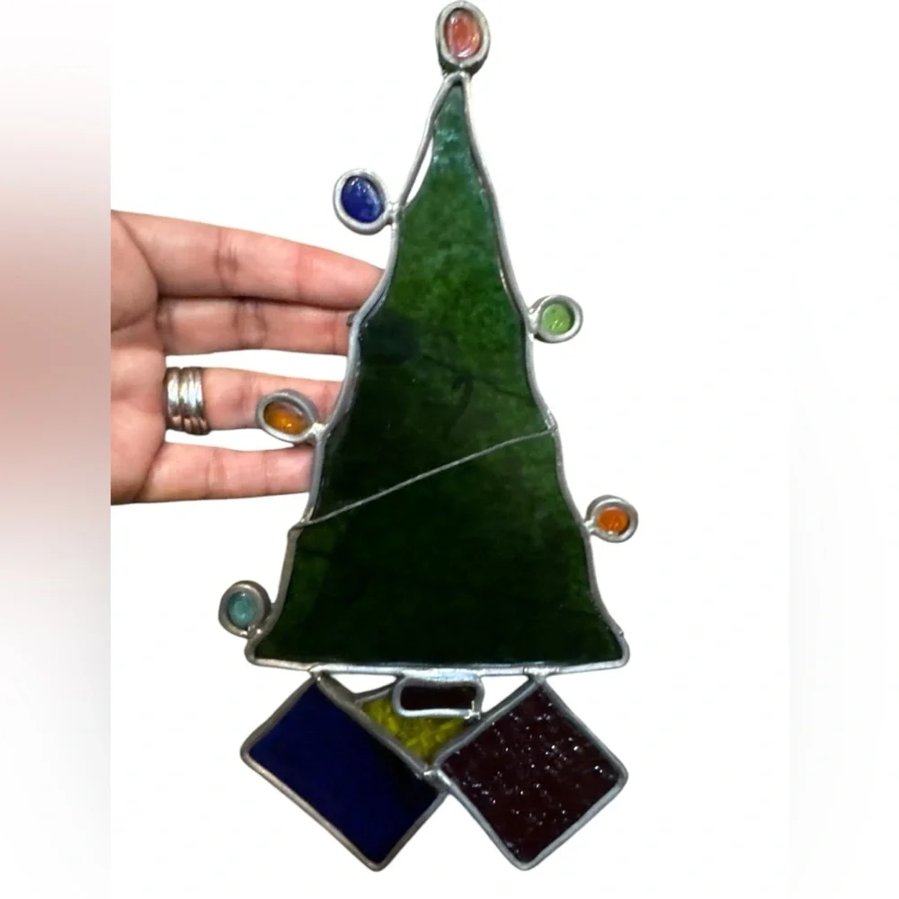 Vintage Stained Glass Christmas Tree with Presents Candle‎ Sun Catcher Ornament
